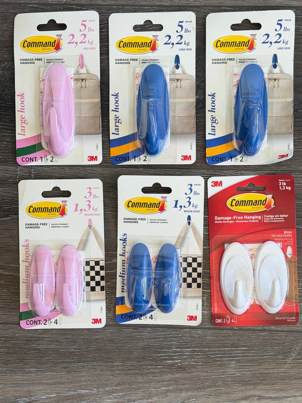 Lot of 6 3M Command Hooks Large & Medium Assorted Colors Pink Blue White New